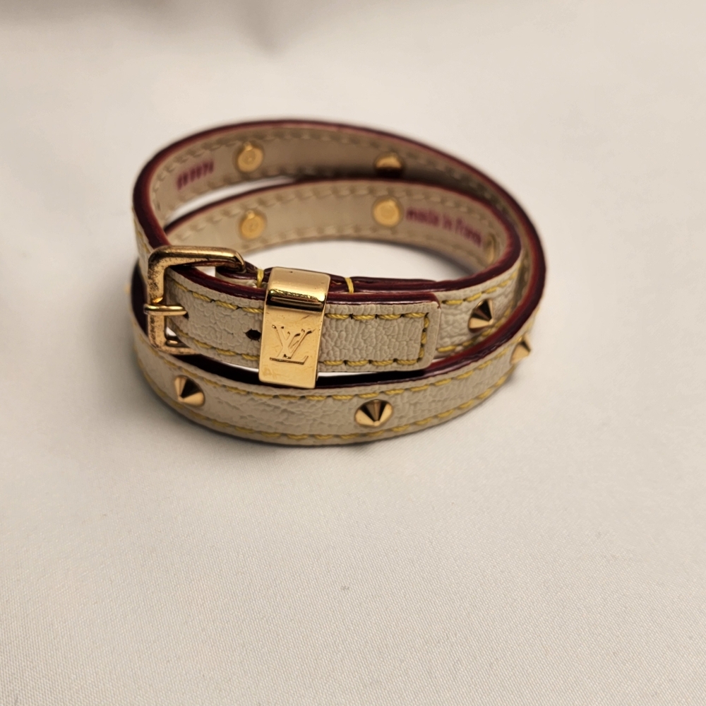 Authentic Louis Vuitton Leather Suhali Studded Double Wrap Bracelet White